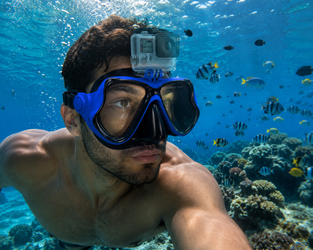 Careta De Buceo En Vidrio Templado Con Soporte De Camara + Estuche De Lujo