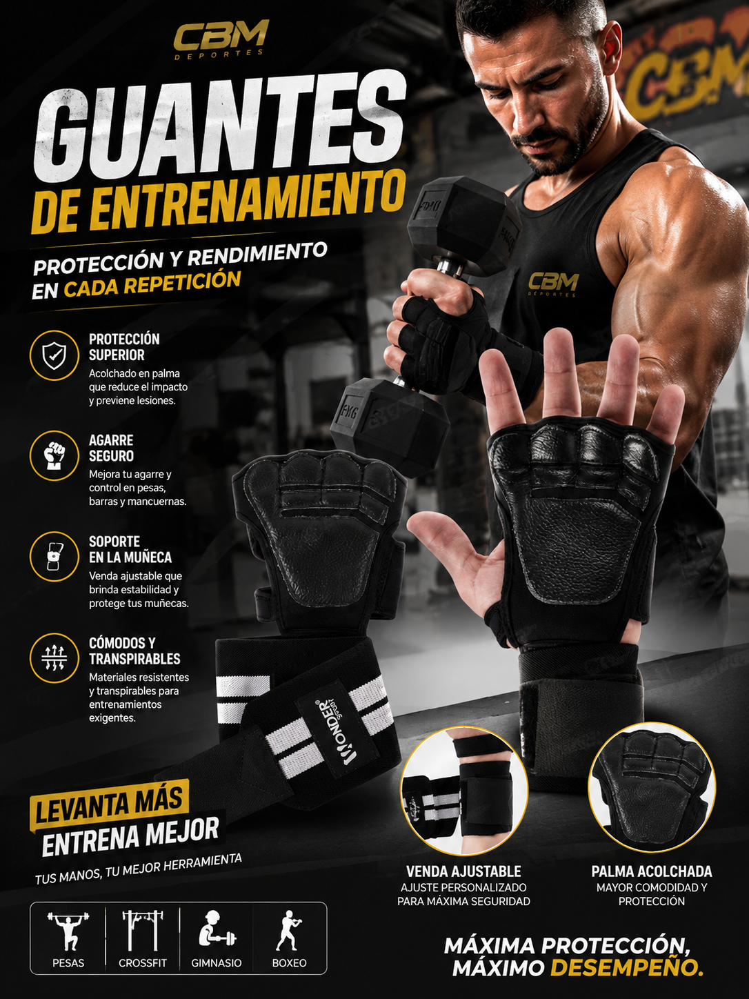 Guantes para Gimnasio con Muñequera y Agarre Antideslizante | Deportes CBM