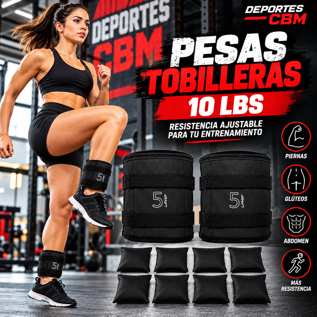 PESAS TOBILLERAS AJUSTABLES DE 10 LBS / 5KG PARA PIERNAS, GLÚTEOS Y ABDOMEN