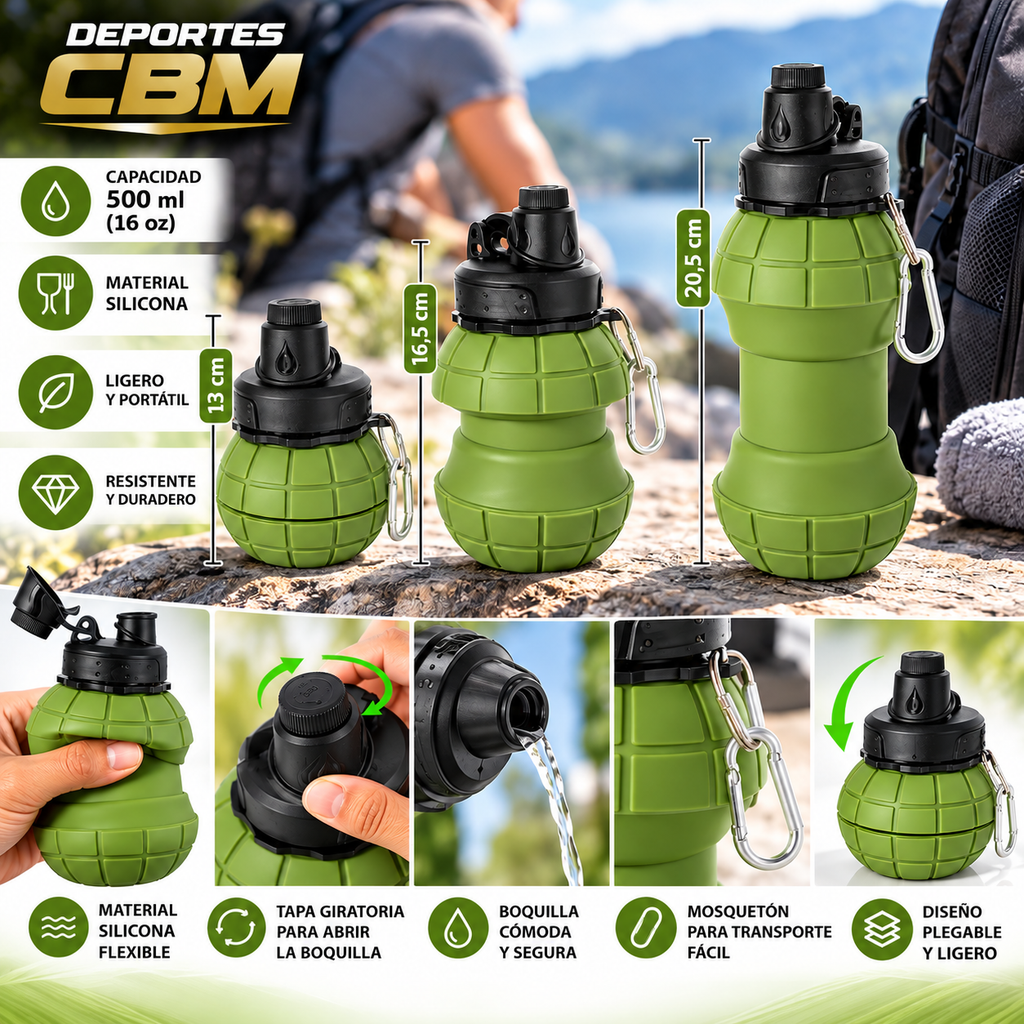 Termo Plegable de Silicona 500 ml con Mosquetón – Botella Portátil para Niños, Deporte y Aire Libre