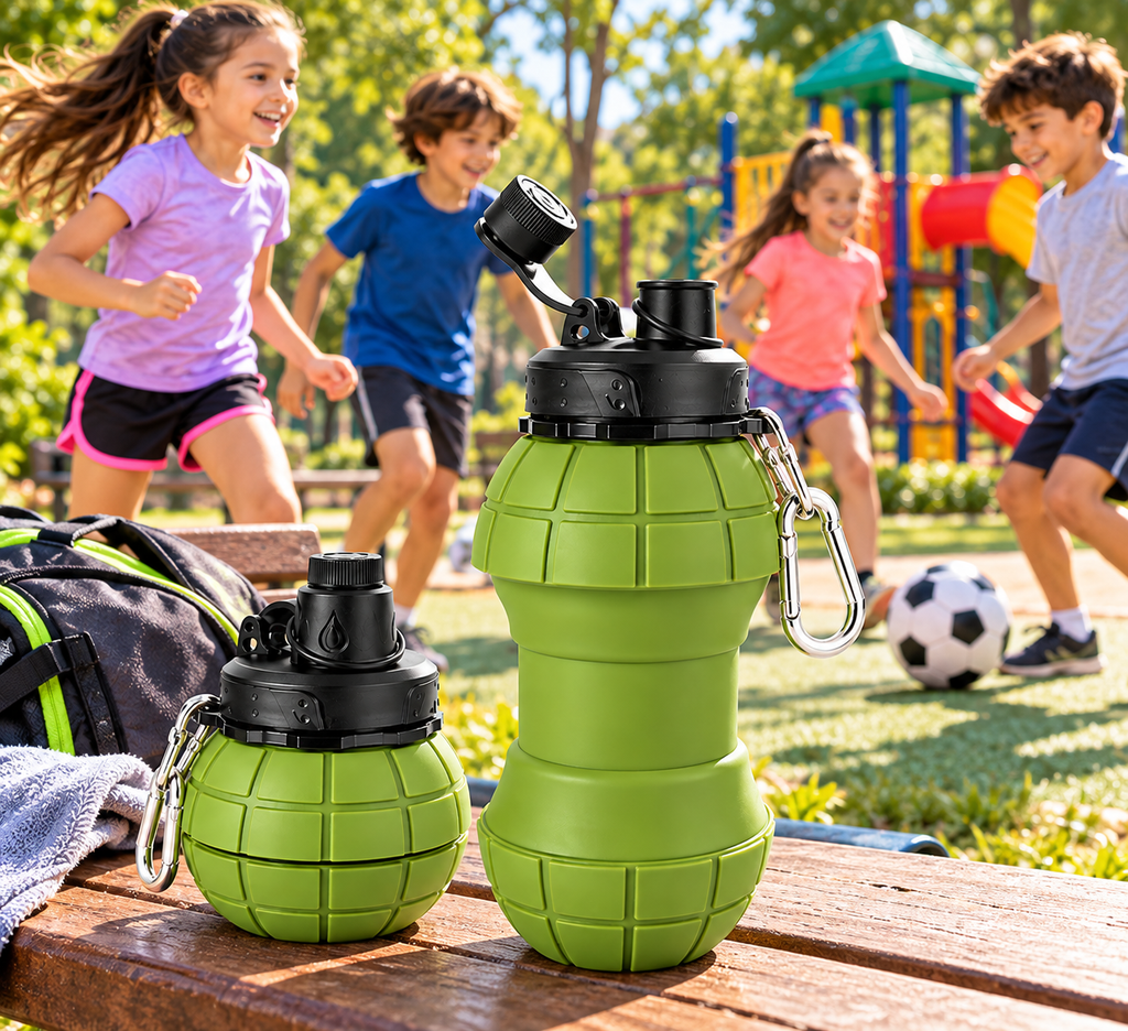 Termo Plegable de Silicona 500 ml con Mosquetón – Botella Portátil para Niños, Deporte y Aire Libre