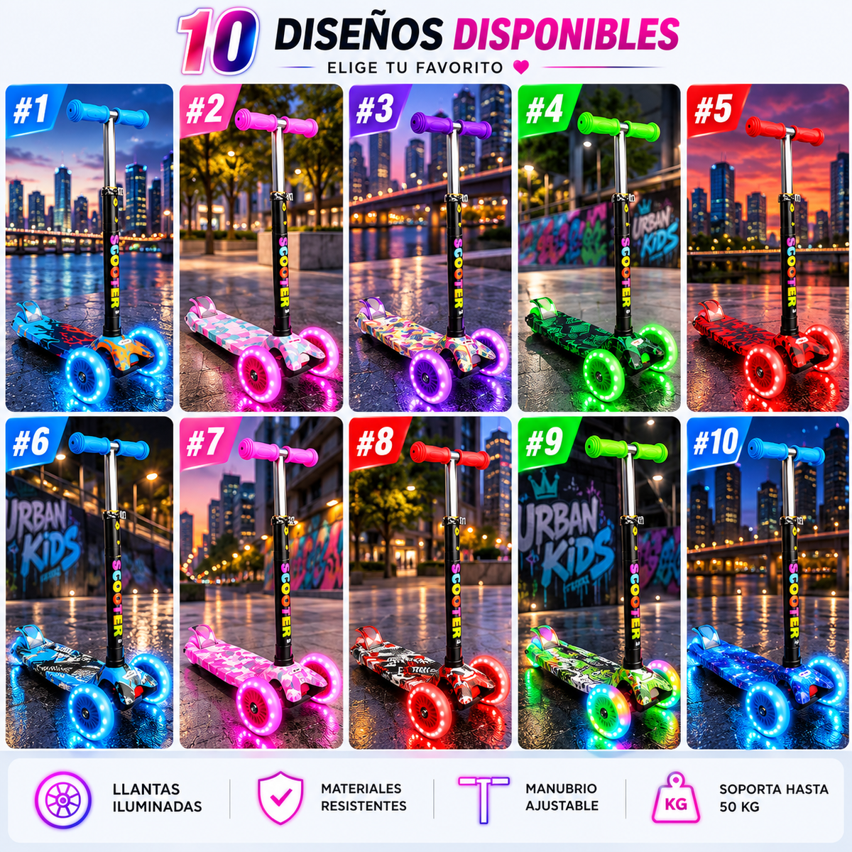 Scooter Infantil 4 Ruedas con Luces LED en las Ruedas – Monopatín Patineta Montable