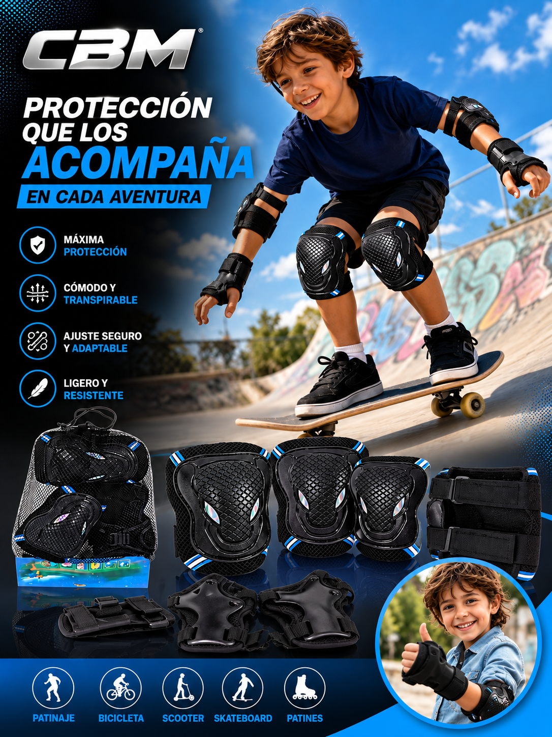 Kit De Protección Para Niños Patineta Patinaje Patines Y Skate x6