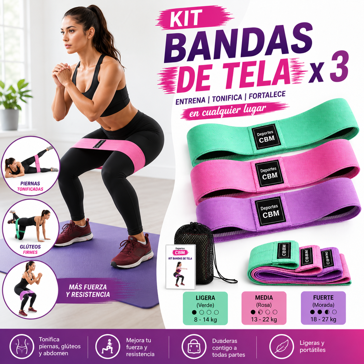 Banda Elástica Cerrada de Tela x 3 para Glúteos, Piernas y Entrenamiento