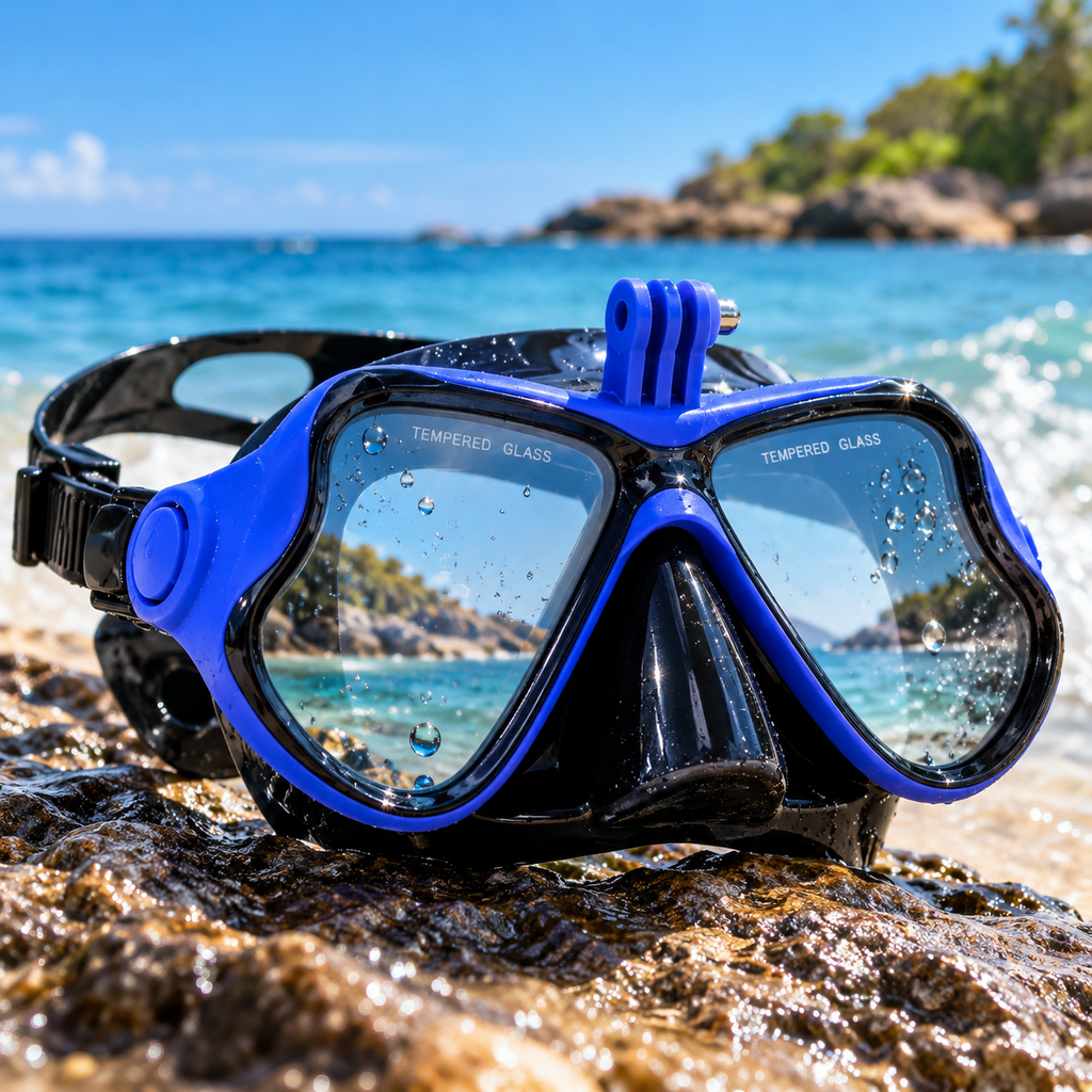 Careta De Buceo En Vidrio Templado Con Soporte De Camara + Estuche De Lujo