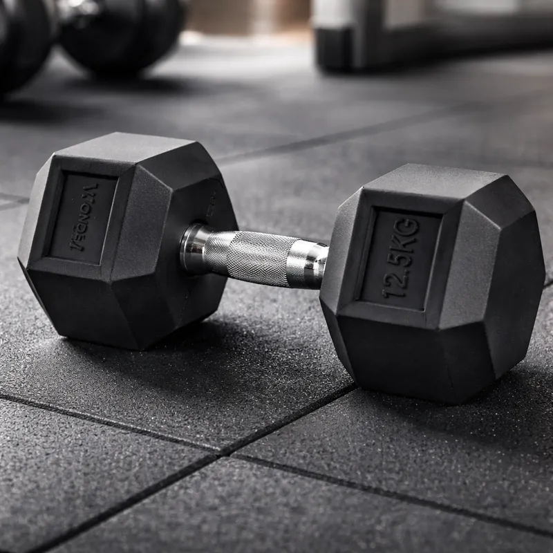 Mancuerna Hexagonal de Acero Encauchetada en Goma Negra para Gimnasio