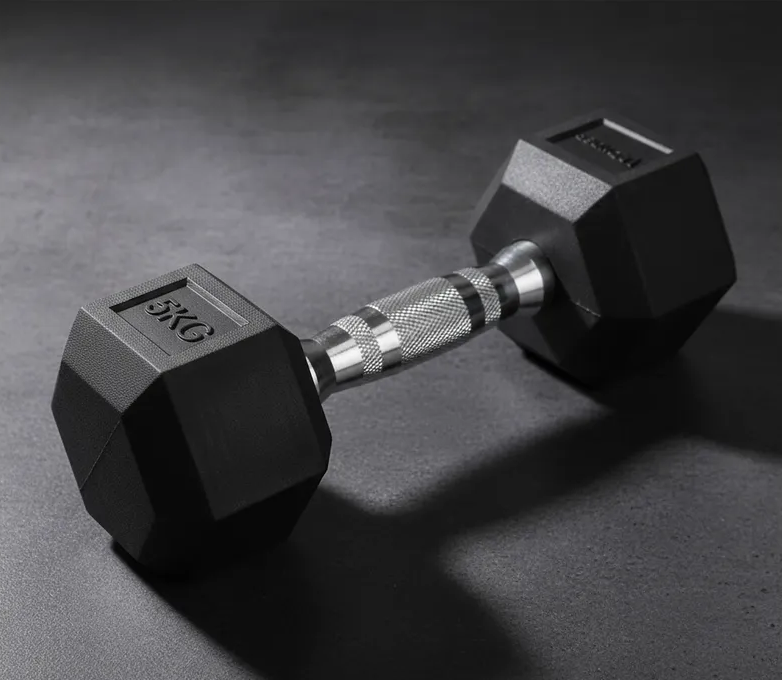Mancuerna Hexagonal de Acero Encauchetada en Goma Negra para Gimnasio