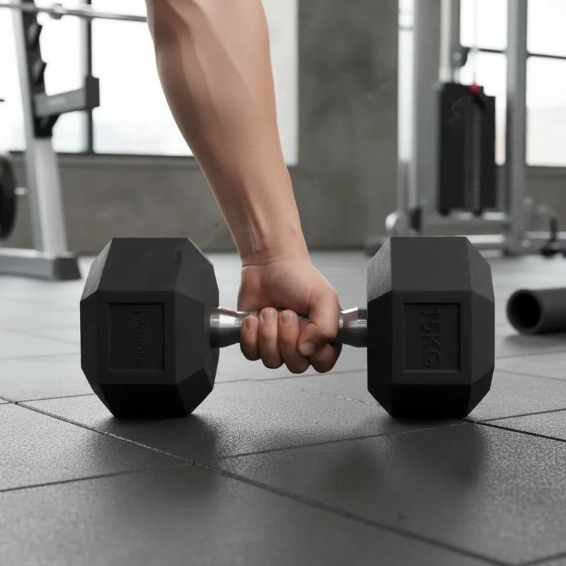 Mancuerna Hexagonal de Acero Encauchetada en Goma Negra para Gimnasio