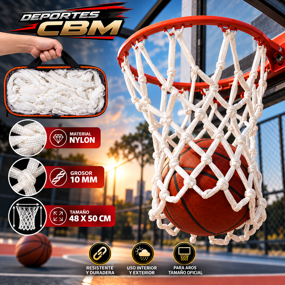 Malla de Baloncesto Nylon Ultra Gruesa para Aro de Basketball x 2 Unidades con Estuche