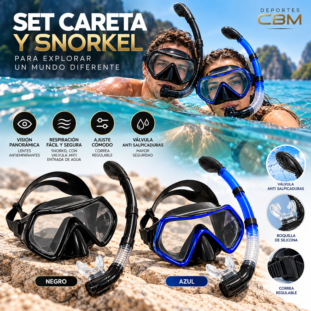 Kit Careta y Snorkel Profesional en Vidrio Templado para Buceo y Pesca