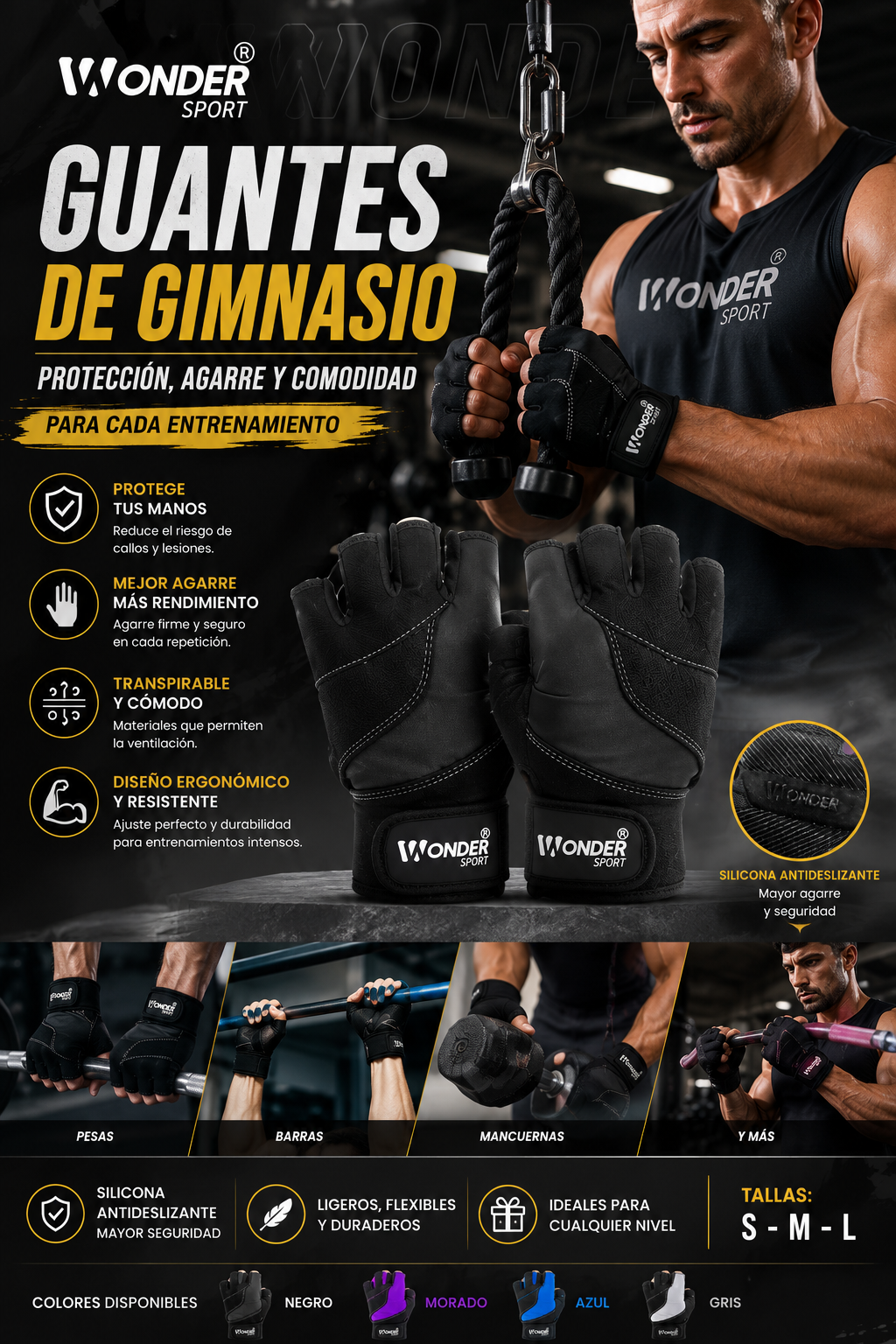 Guantes Para Gimnasio Con Acabado En Gel Antideslizante