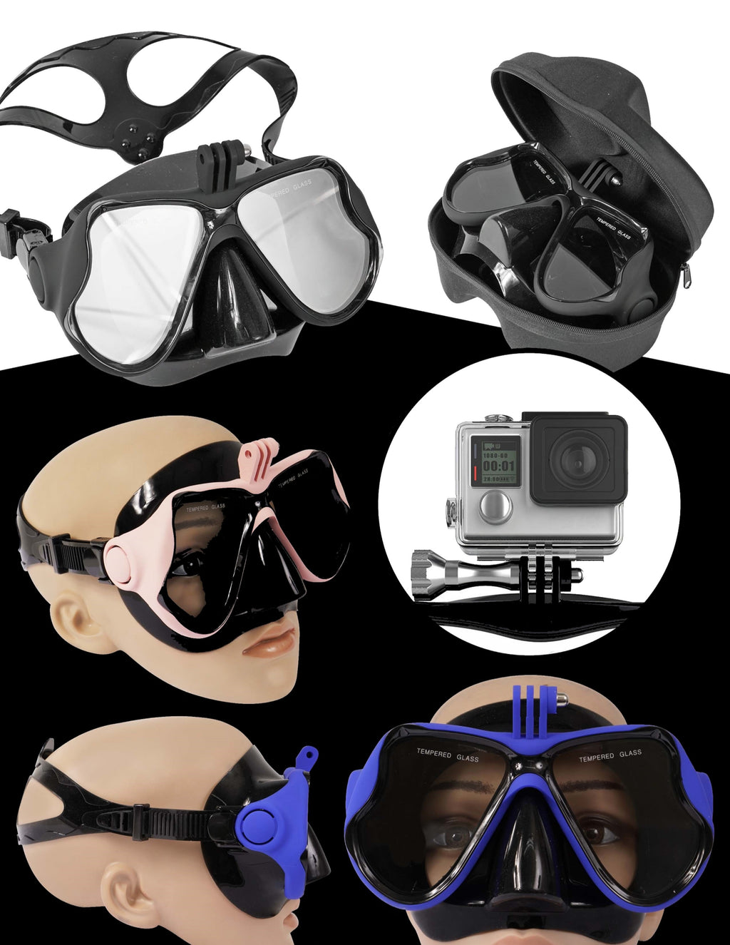 Careta De Buceo En Vidrio Templado Con Soporte De Camara + Estuche De Lujo