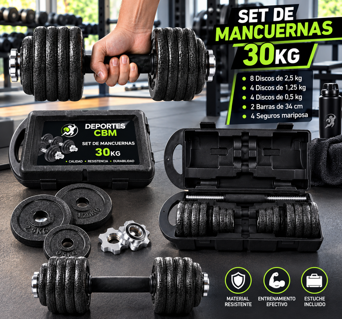 Kit de Pesas 30 kg / 60 Libras con Mancuernas, Barras y Discos