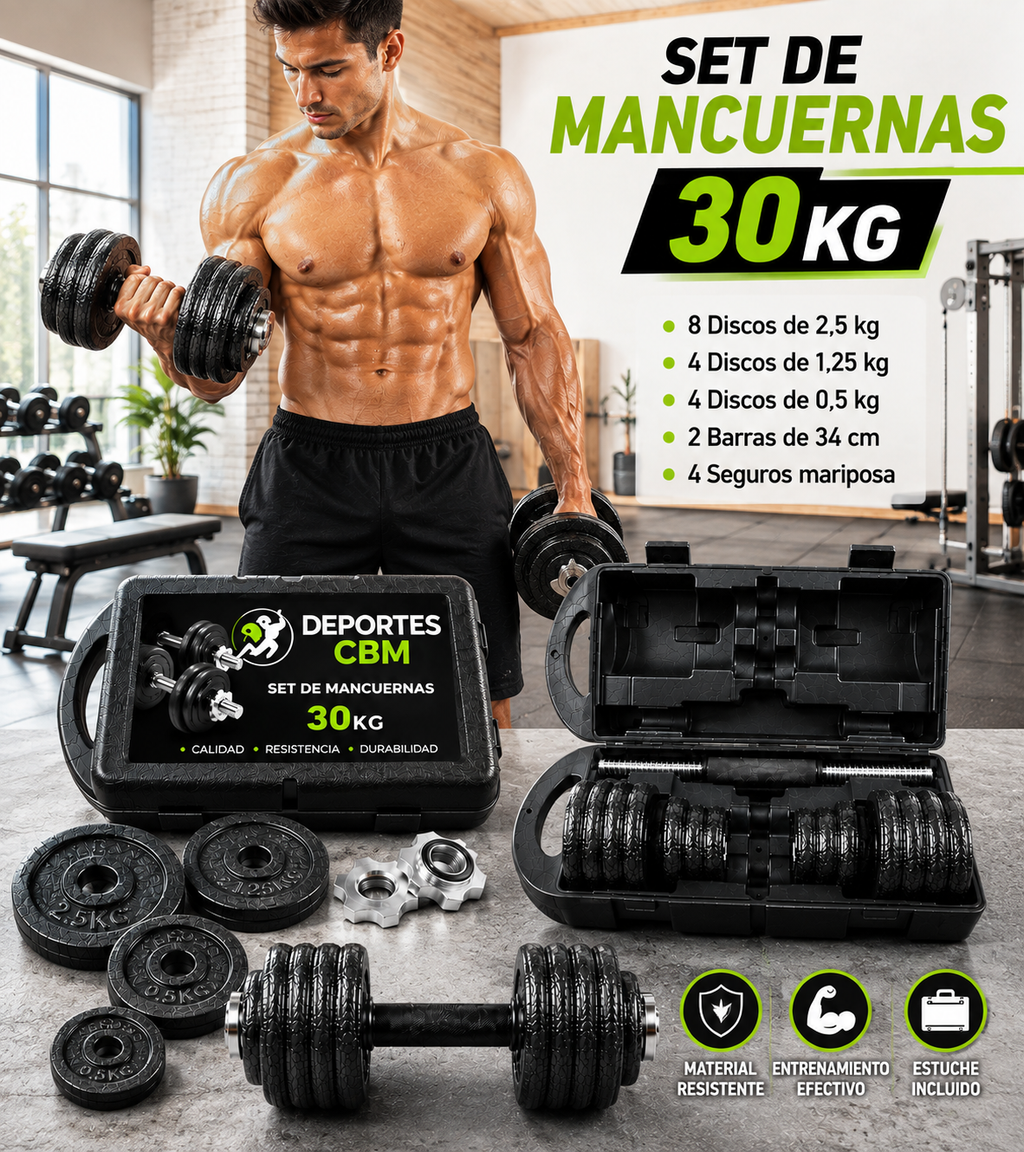 Kit de Pesas 30 kg / 60 Libras con Mancuernas, Barras y Discos