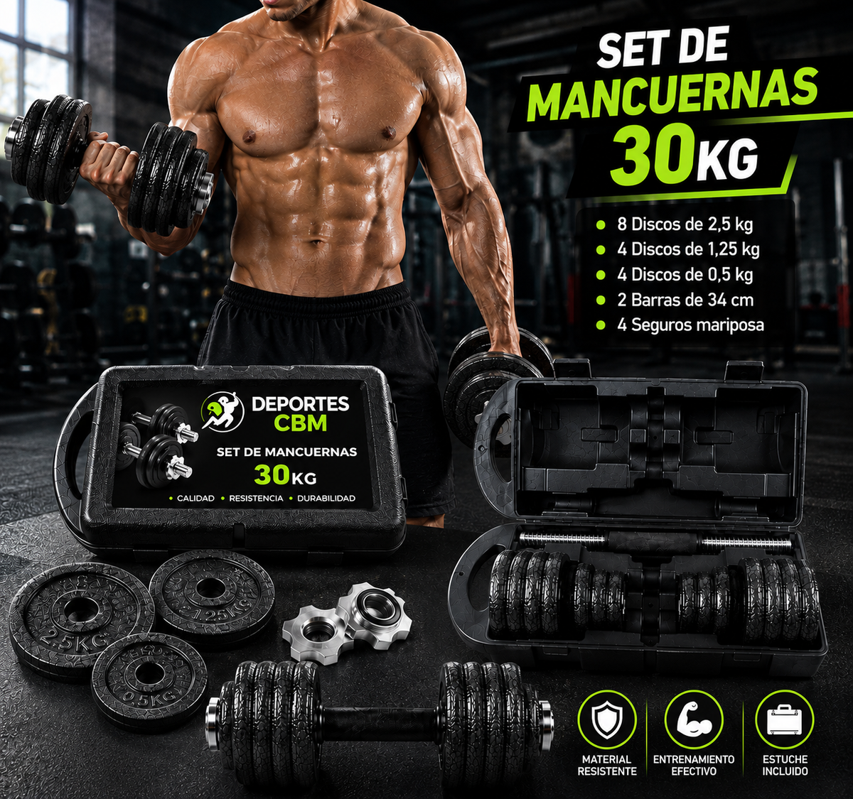 Kit de Pesas 30 kg / 60 Libras con Mancuernas, Barras y Discos