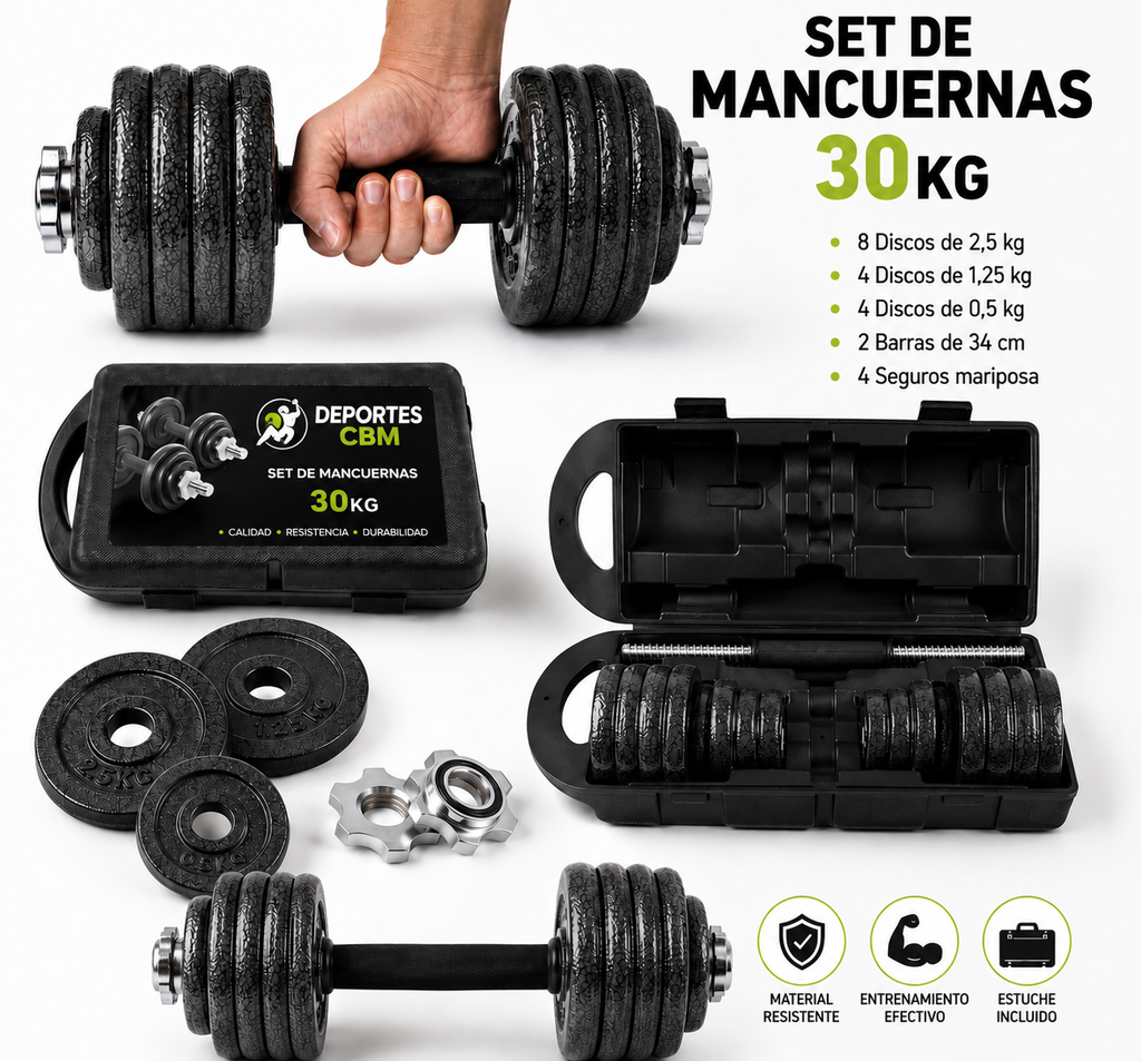 Kit de Pesas 30 kg / 60 Libras con Mancuernas, Barras y Discos